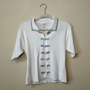 SUSAN BRISTOL vintage top with pink, blue, and sea foam detailing (size small)
